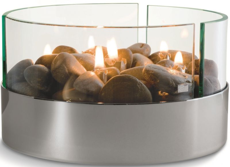 Philippi Burn Tischkamin mit Steinen und Flammen hinter Glas, moderner Deko Kamin.